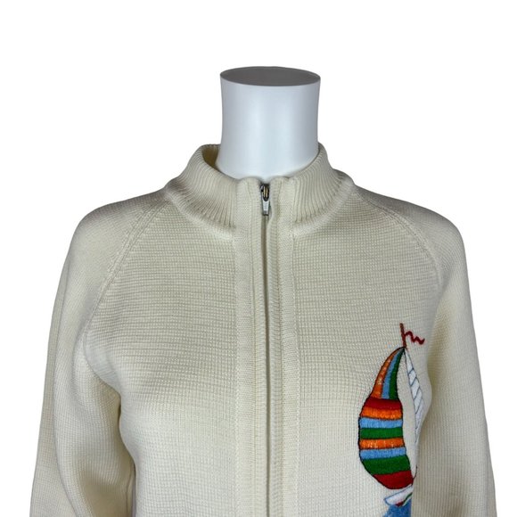 Vintage 80s Nautical Sweater Embroidered Sailboat Zip Up Cardigan - Picture 2 of 10
